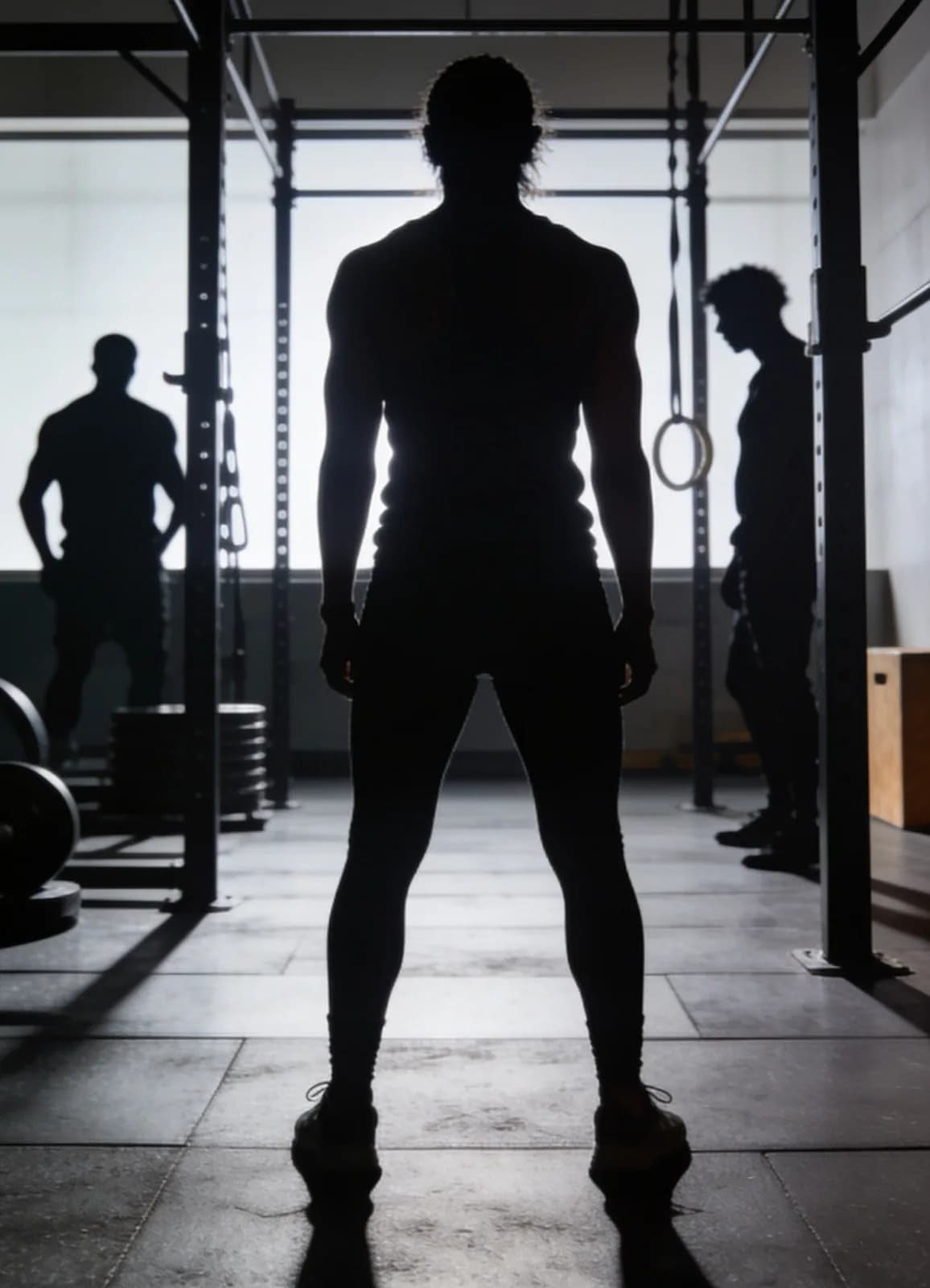 An athlete in silhouette in front of a squat rack